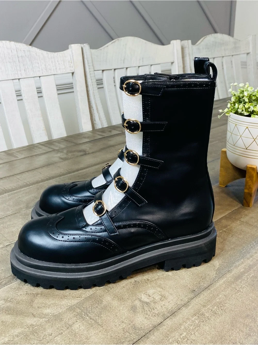 SHOEHI Luella Belt Walker Boots Black Gold Buckle Chunky Platform Size 8